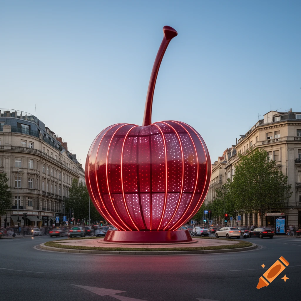 A giant illuminated red cherry sculpture stands in a city roundabout at dusk, with blurred traffic and buildings in the background.