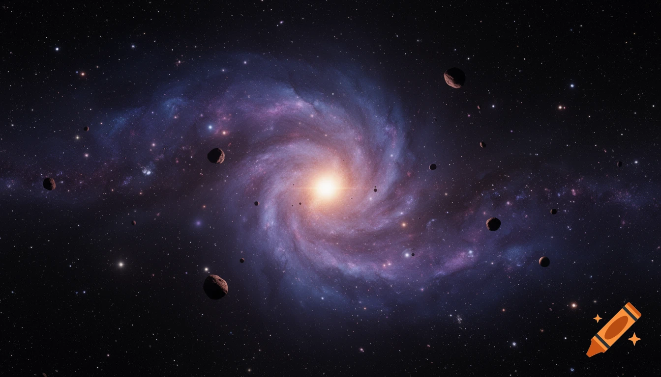 A vibrant spiral galaxy with a bright core surrounded by numerous asteroids and stars in a dark, vast space.
