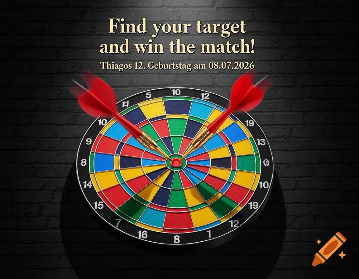 A darts board with two red darts in the bullseye on a dark brick wall, with gold text for a birthday.
