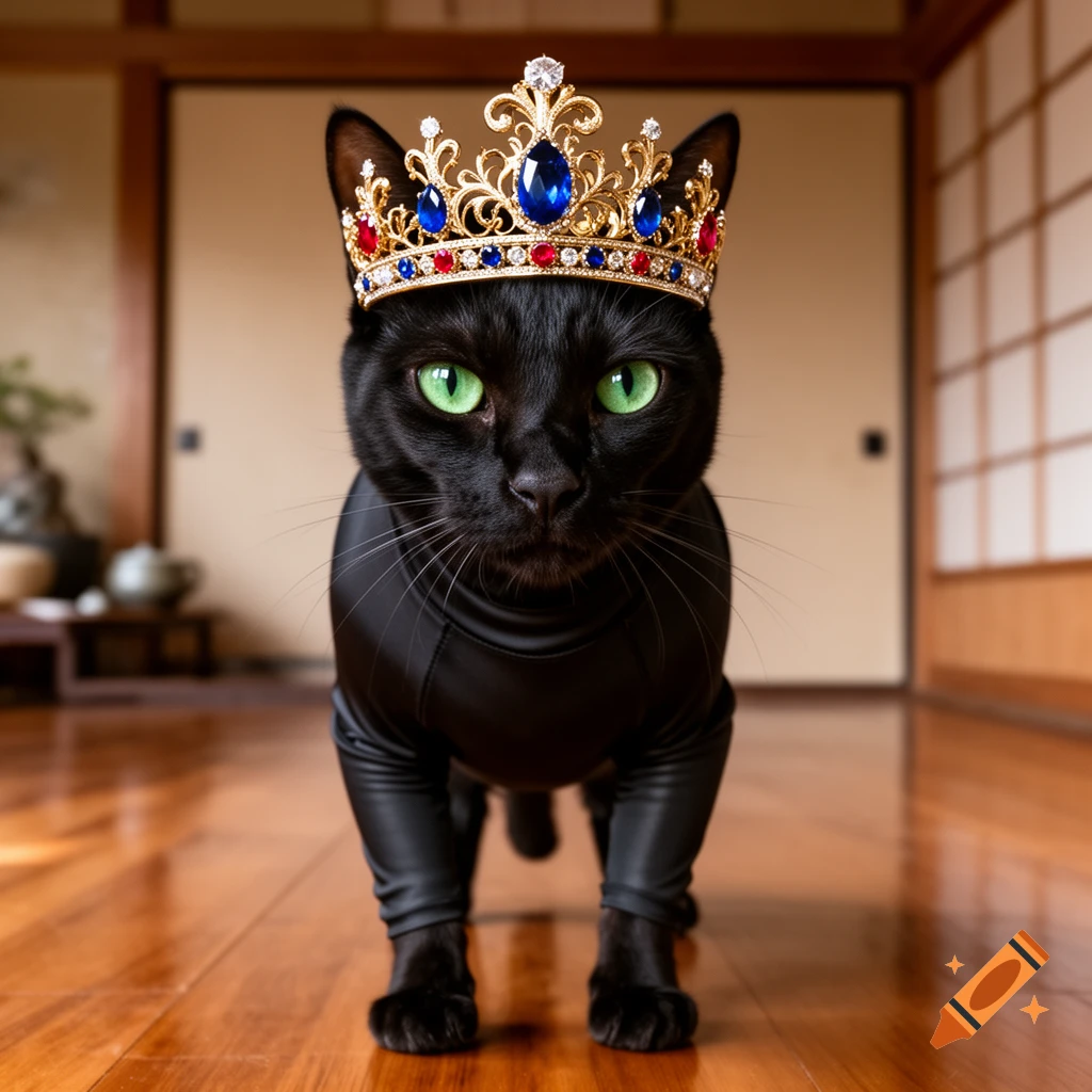 A black cat with green eyes wears a regal gold crown and a black ninja suit indoors.