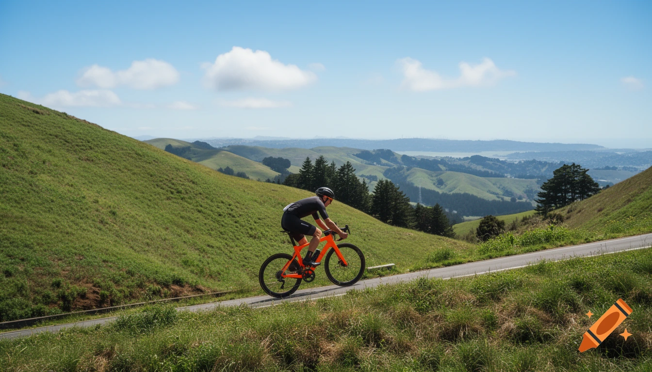 A cyclist on an orange bike rides up a winding road through lush green rolling hills under a clear blue sky with white clouds.