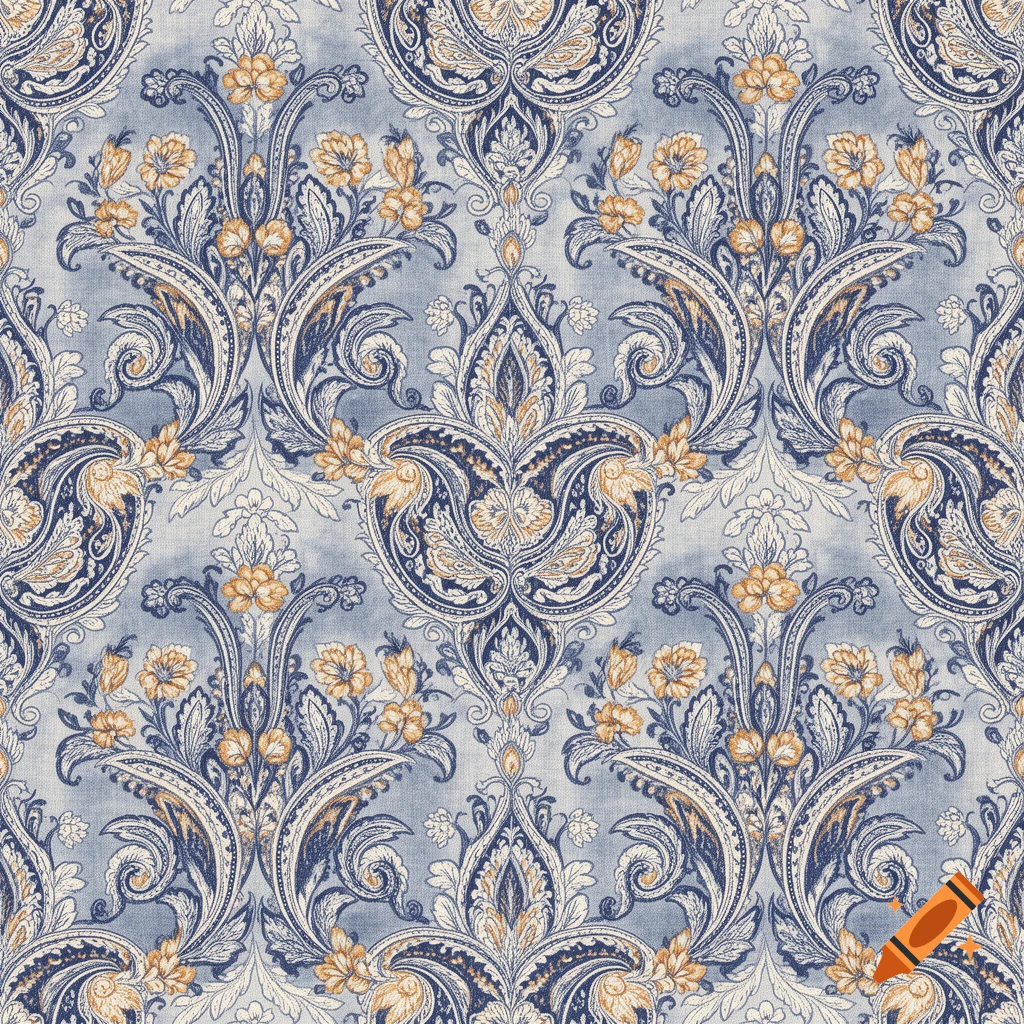 Seamless repeating pattern of blue, white, and gold paisley and floral motifs with a fabric texture.