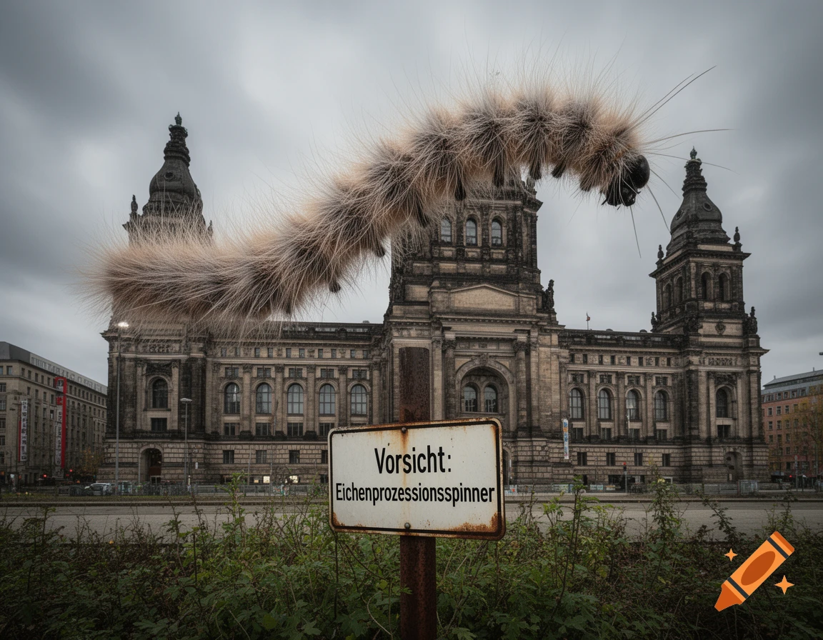 A giant, furry oak processionary caterpillar arches over a large, ornate historic building under a cloudy sky, with a warning sign in the foreground.