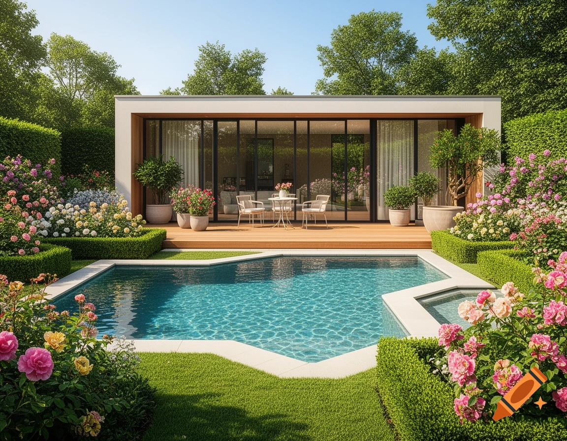 A modern garden studio with a wooden deck overlooks a geometric swimming pool, surrounded by vibrant flower beds and hedges on a sunny day.
