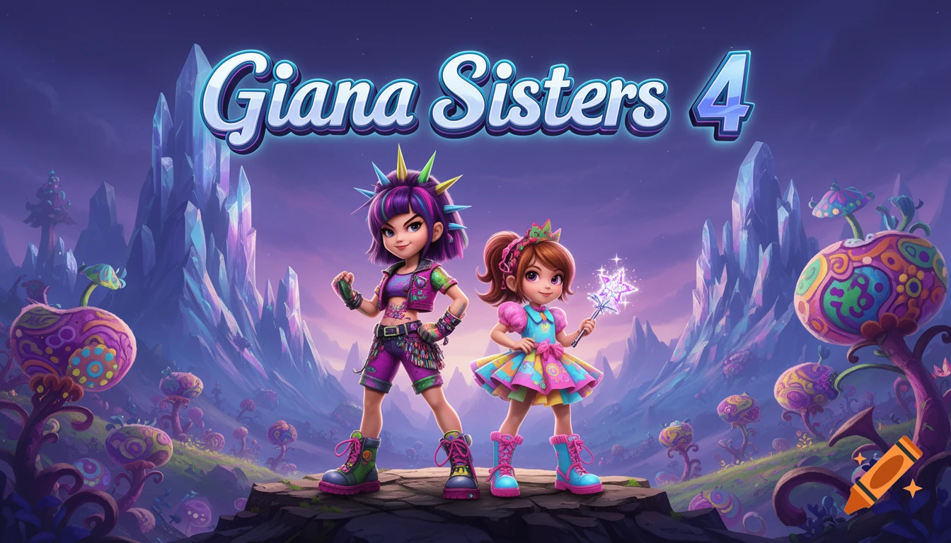 Two stylized female characters, one punk and one princess, stand in a vibrant fantasy landscape with crystal mountains, under the title 'Giana Sisters 4'.
