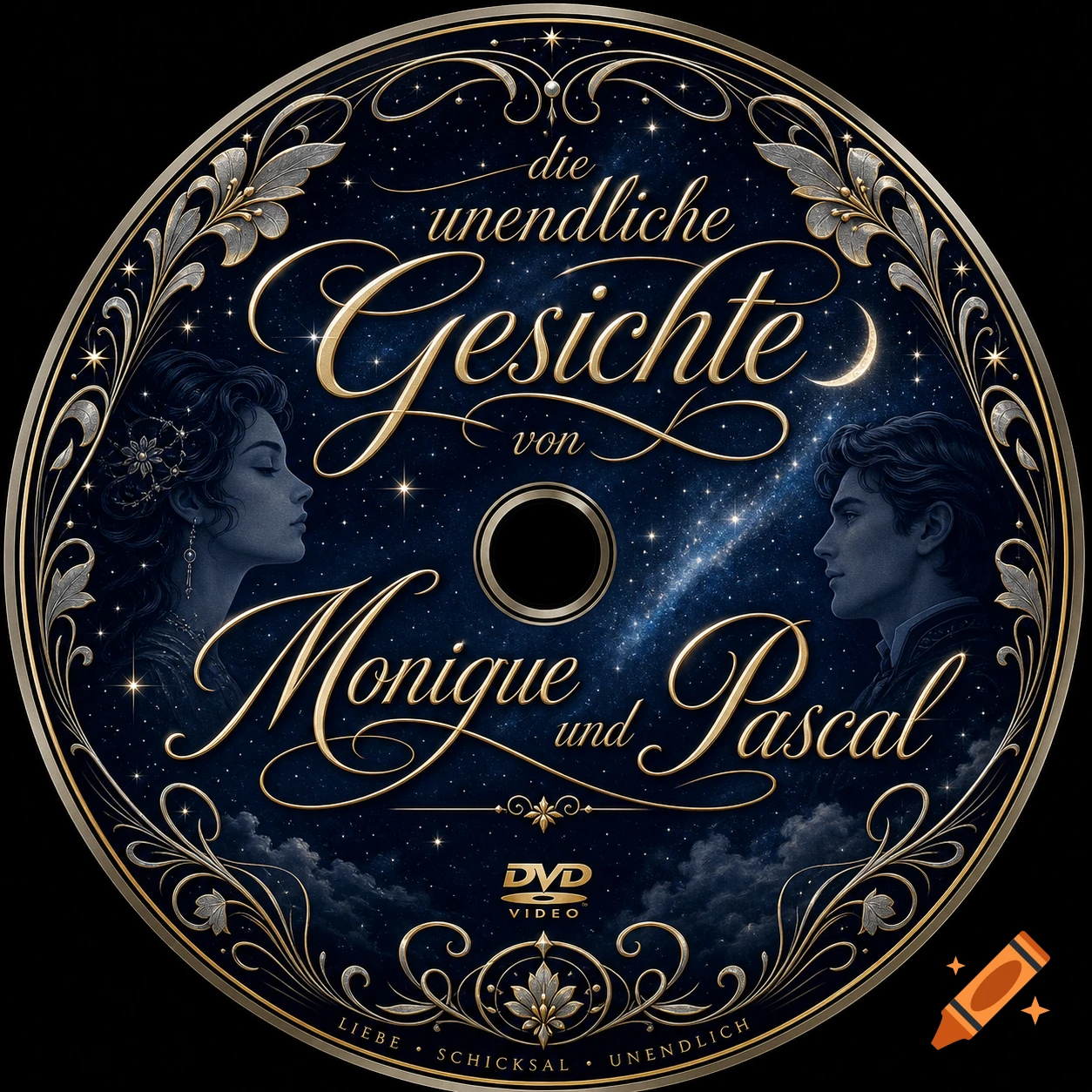 Ornate dark blue DVD cover with gold filigree, featuring a man and woman gazing across a starry nebula, titled 'Die unendliche Gesichte'.