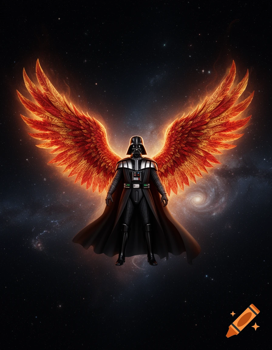 Darth Vader with large, glowing red and orange phoenix wings stands in a starry galaxy with a faint nebula, digital art.