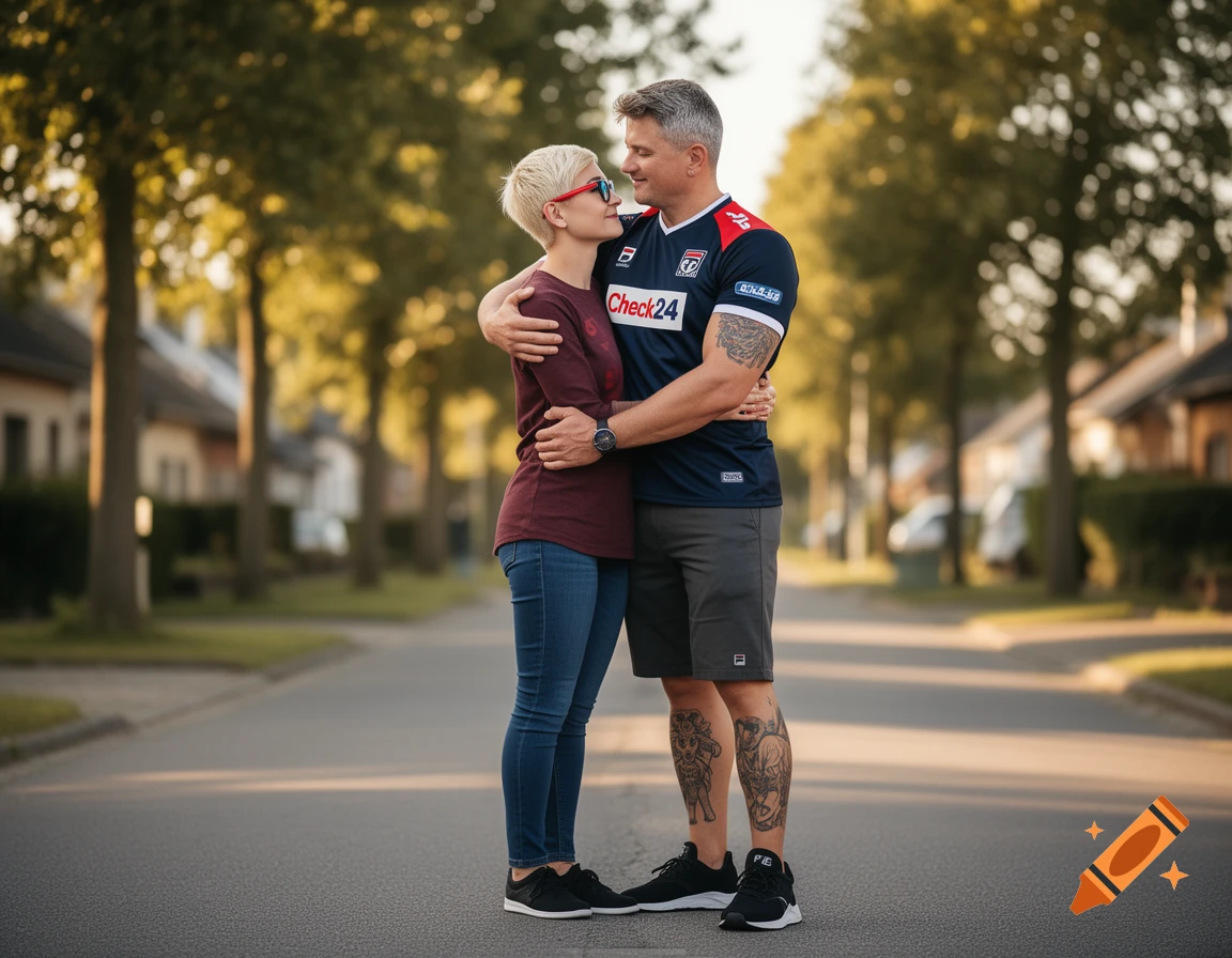 A man and woman hug in a sunny residential street. The man wears a dark blue shirt, and the woman a maroon shirt and jeans.