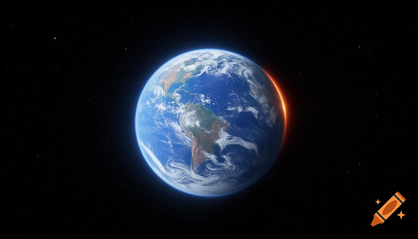 A detailed view of Earth from space, showing continents, clouds, and a sunrise glow on the horizon against a star-filled black background.