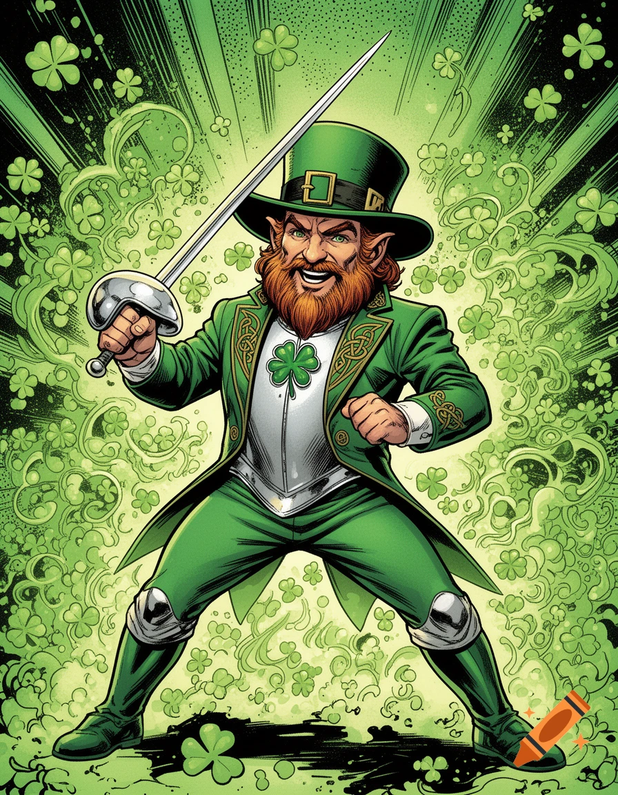 A muscular, bearded leprechaun in a green suit and top hat, holding a fencing sword, surrounded by glowing shamrocks, in a vibrant comic book style.