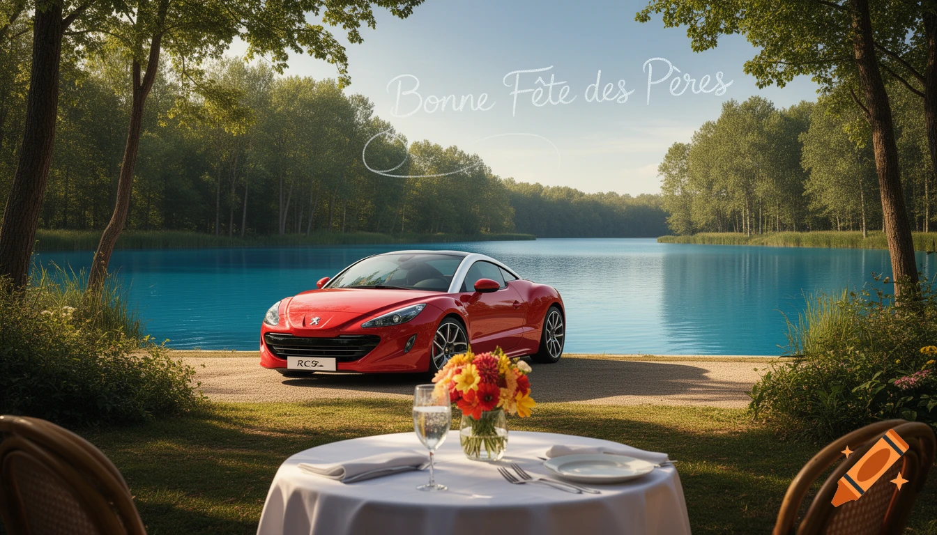 A red Peugeot RCZ R is parked by a vibrant blue lake surrounded by trees. In the foreground, a set table with flowers, and the text "Bonne Fête des Pères" in the sky.