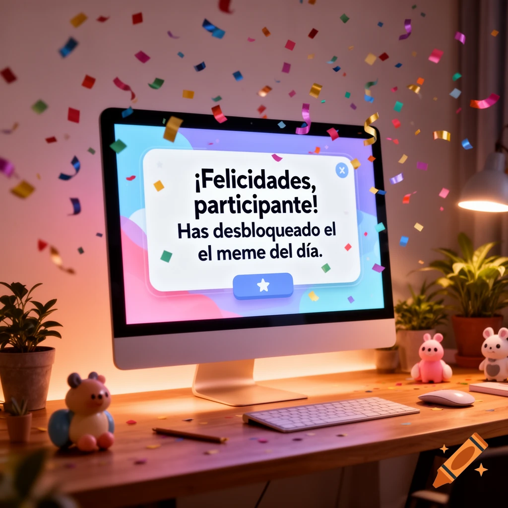 A computer screen on a desk displays a celebratory message surrounded by falling confetti, with plants and figurines nearby.