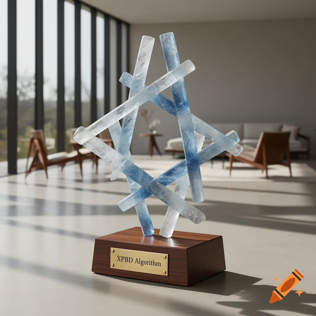 A modern mineral sculpture with clear and blue icy rods arranged abstractly, on a wooden base with an 'XPBD Algorithm' plaque in a sunlit room.