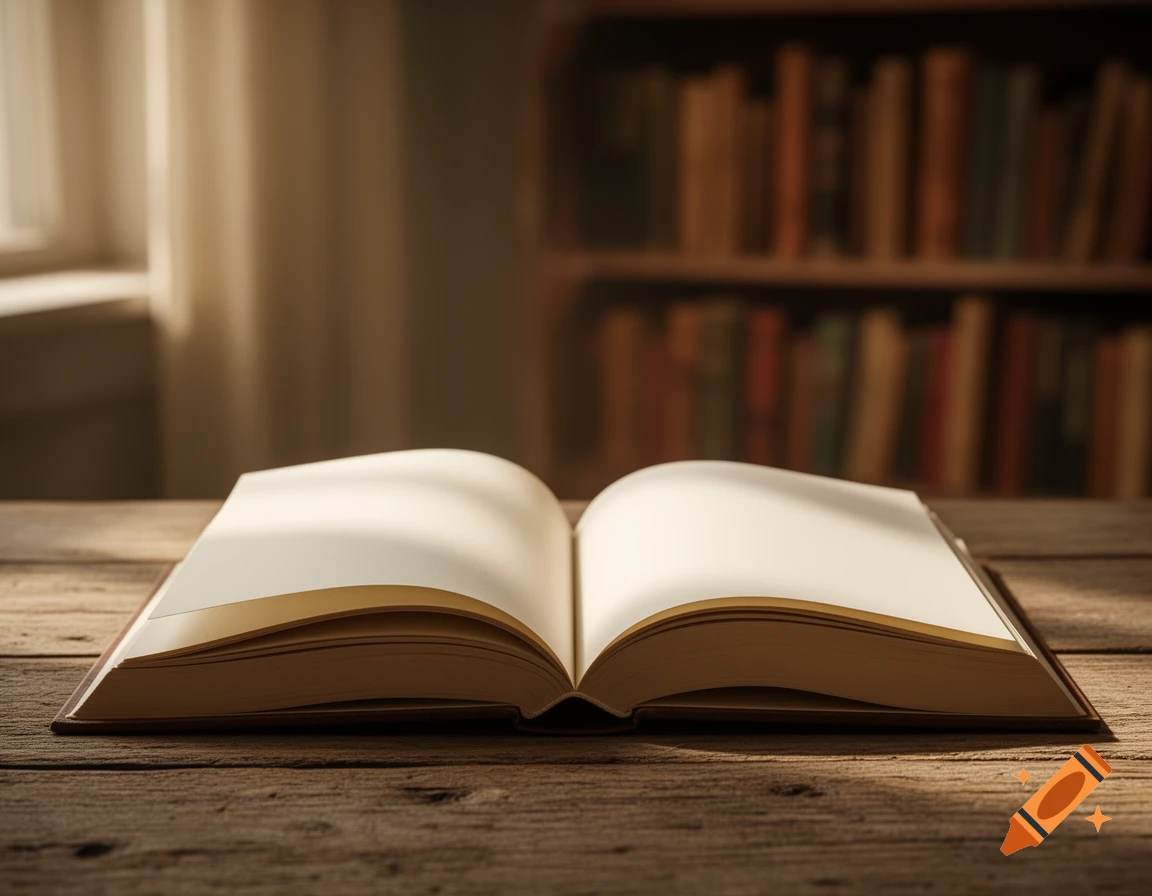 An open, blank book rests on a rustic wooden table with a blurred bookshelf and window in the background, lit by soft light.