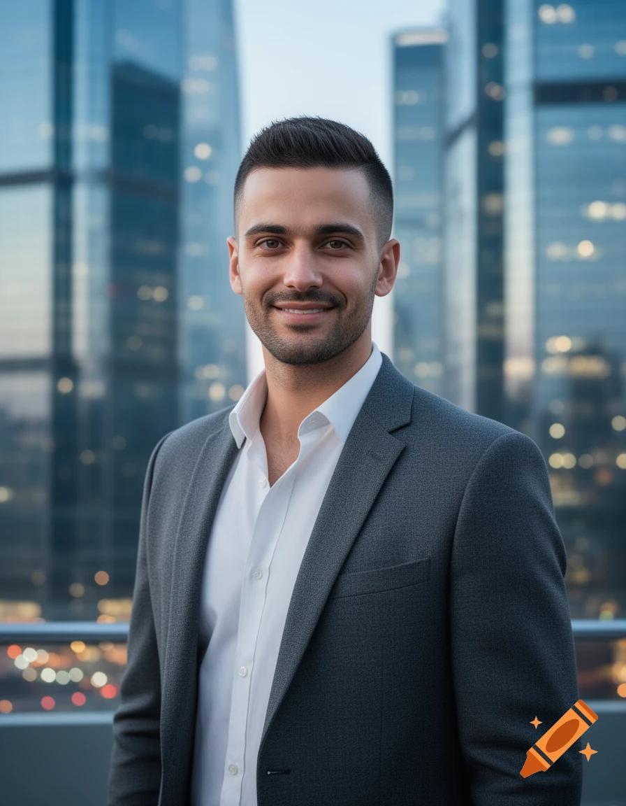 A smiling, well-groomed man in a grey suit and white shirt stands against a blurred modern cityscape background.
