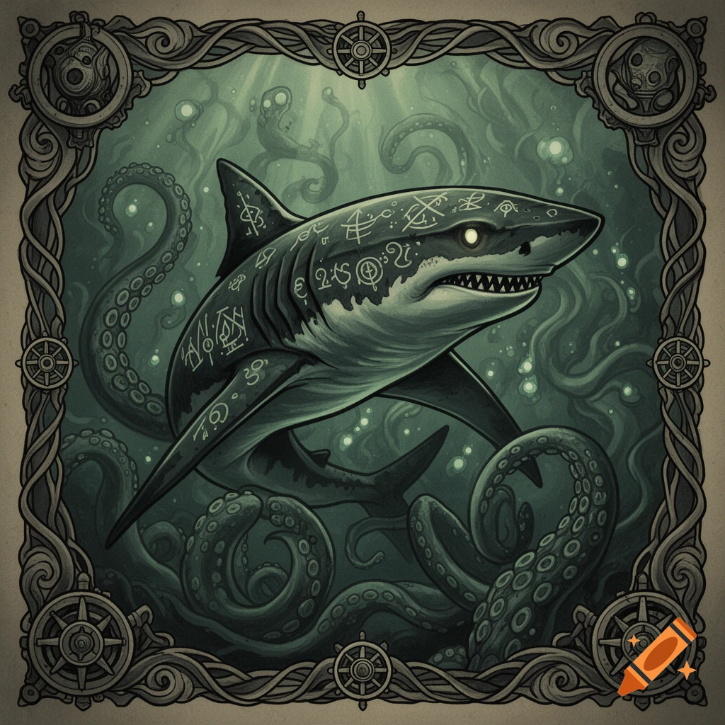A Lovecraftian-style illustration of a shark covered in arcane symbols, swimming amongst tentacles in a dark, glowing underwater scene, framed by ornate patterns.