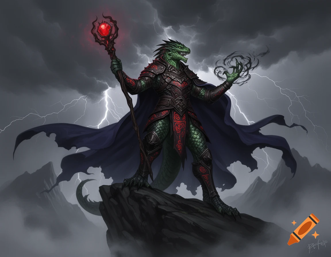 A green-scaled dragonborn warlock in ornate armor stands on a cliff, wielding a glowing staff and dark magic amidst a stormy, lightning-filled sky.
