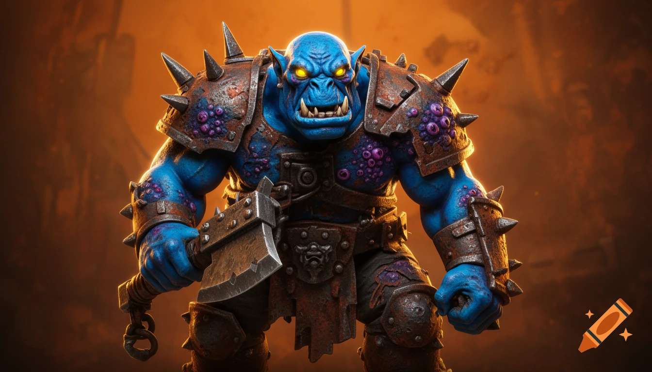 A hyperrealistic concept art of a blue-skinned Ork Warboss in spiked, rusted armor, with glowing yellow eyes, holding a large axe.
