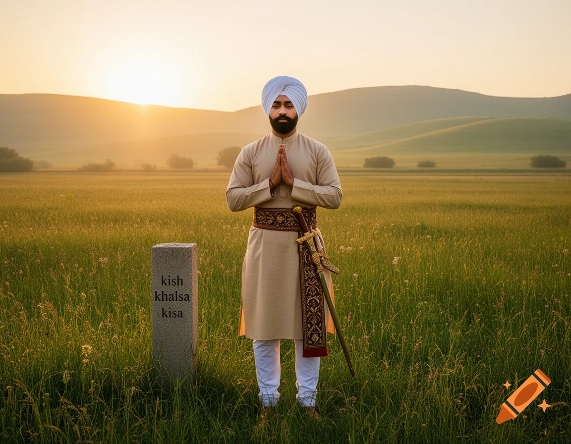 A man in a white turban and beige traditional attire stands with hands clasped in a green field at sunset, a sword at his hip and a stone pillar inscribed with 'kish khalsa kisa' beside him.