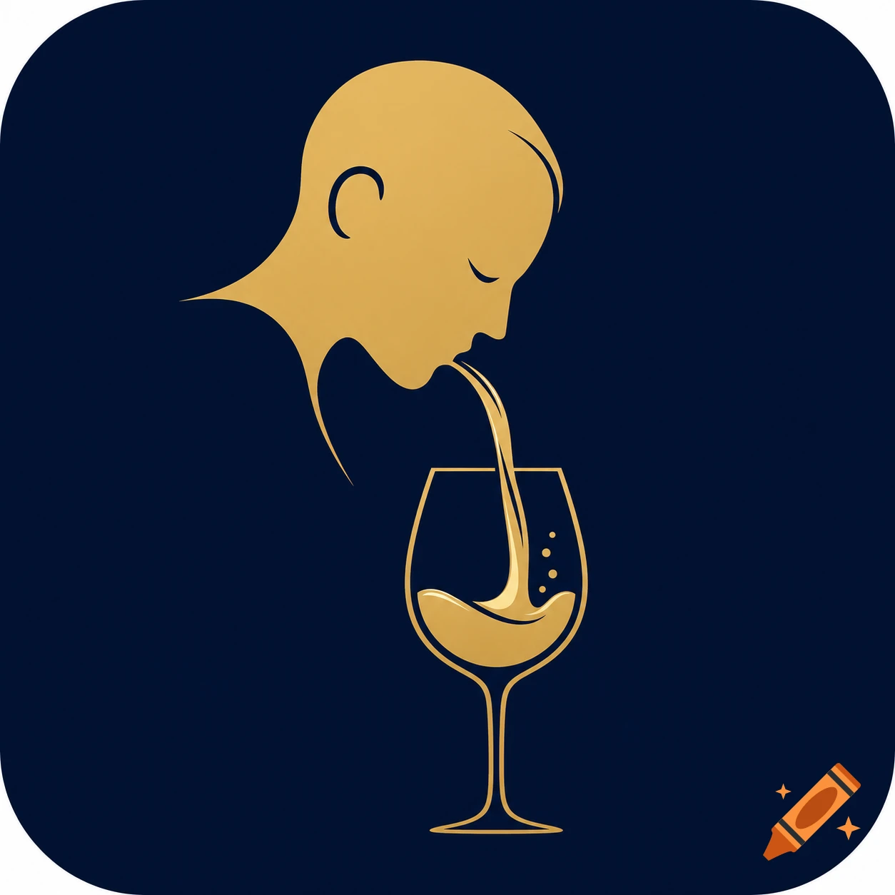 Minimalist app icon with a gold side profile head silhouette pouring liquid into a wine glass on a dark navy background.