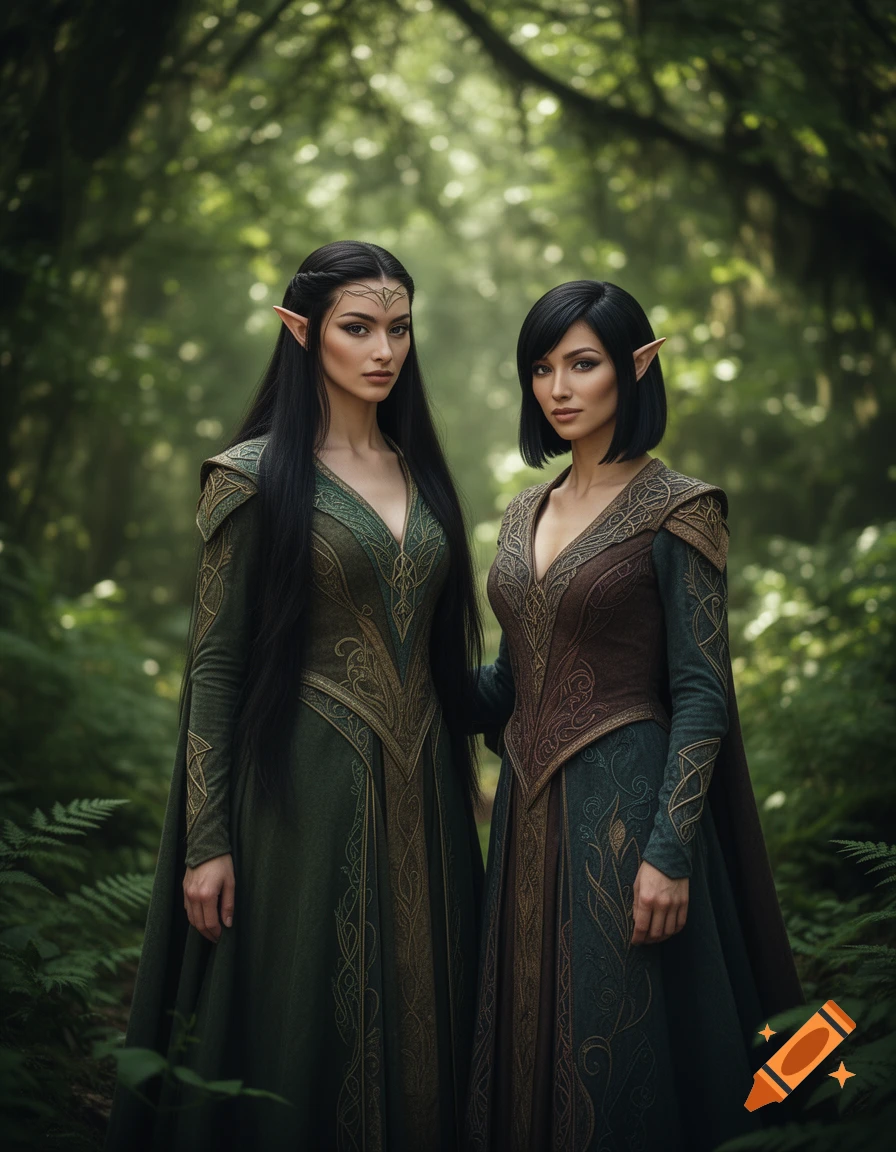 Photorealistic portrait of two women with elf ears in elaborate green and brown elven dresses, standing in a lush forest.