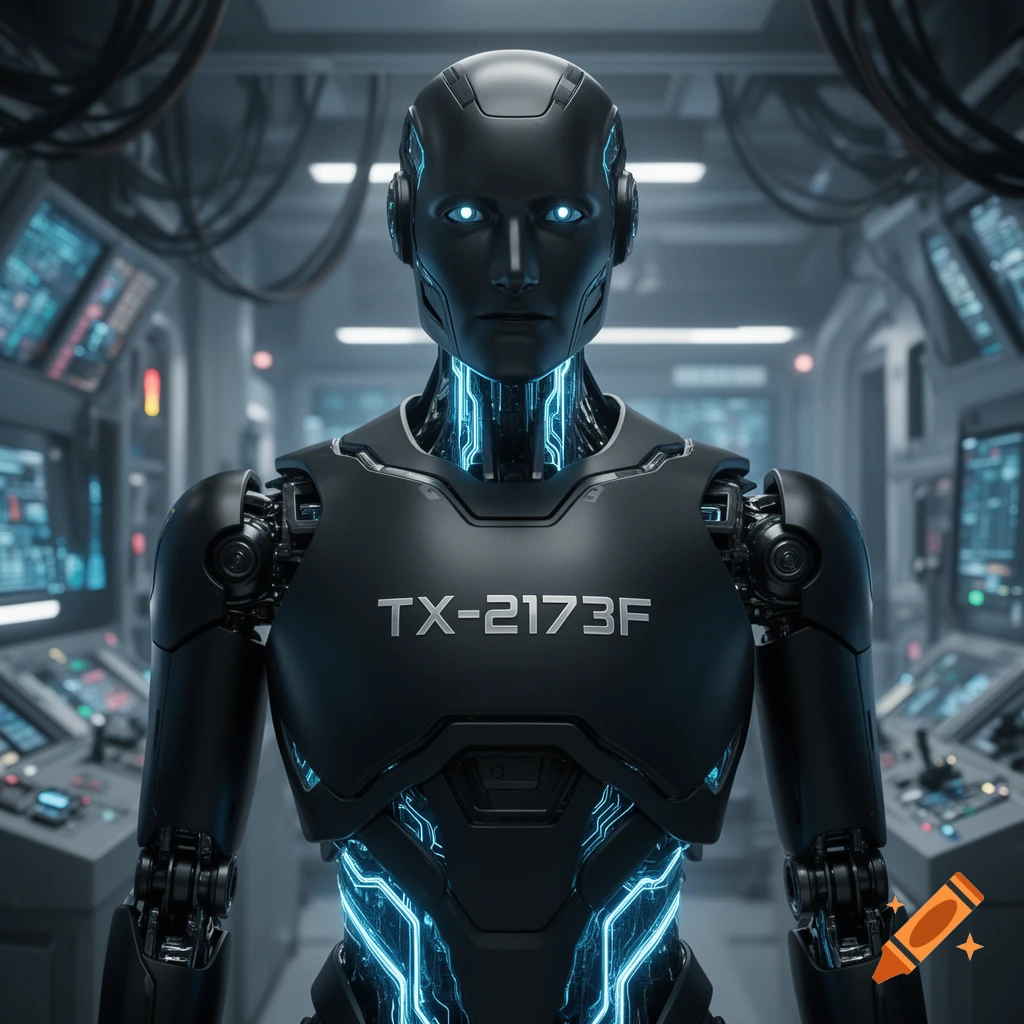A photorealistic black robot with glowing blue details and TX-2173F on its chest, in a sci-fi control room.