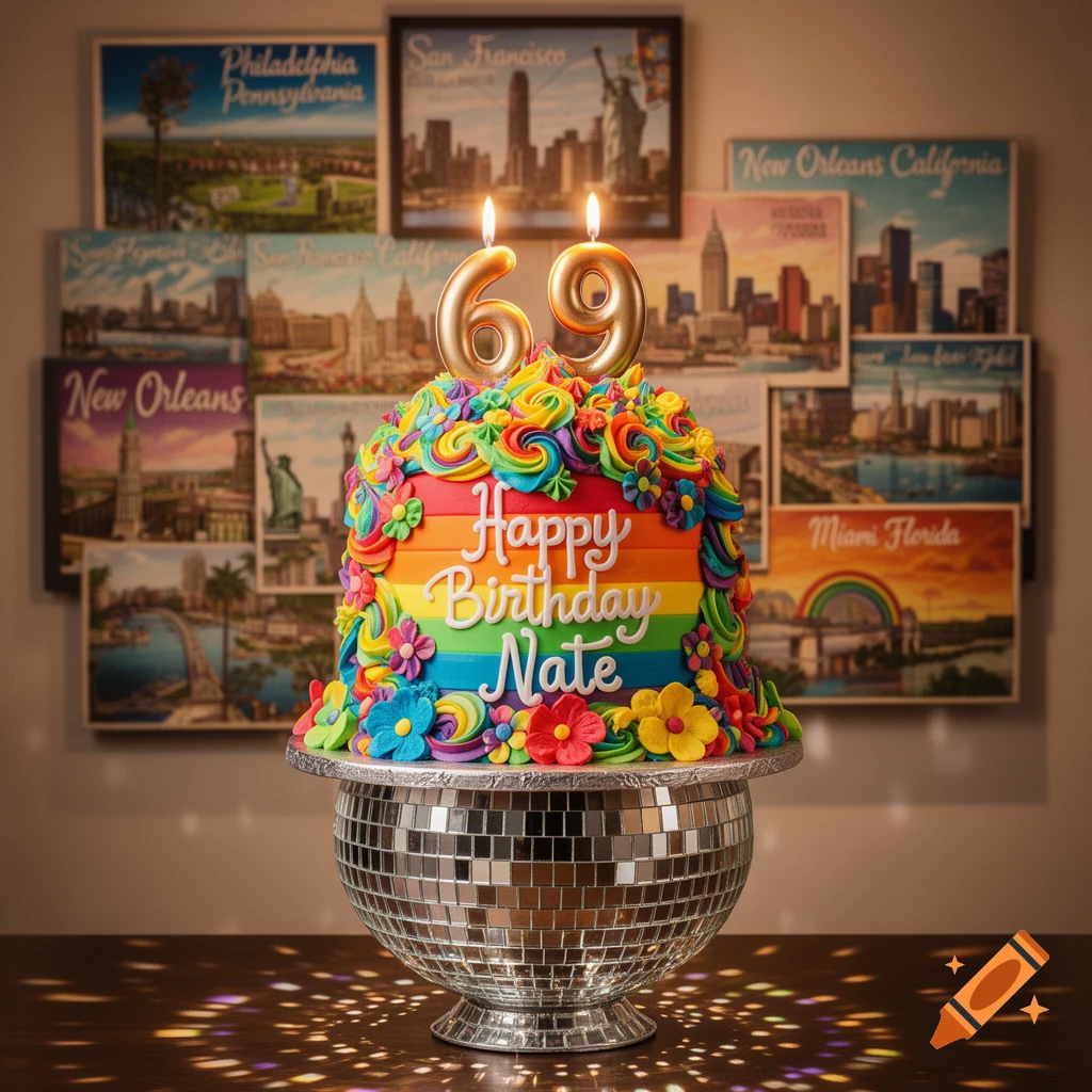 An elaborately decorated rainbow-themed birthday cake on a disco ball pedestal, with 'Happy Birthday Nate' and '69' candles, against a backdrop of city postcards.