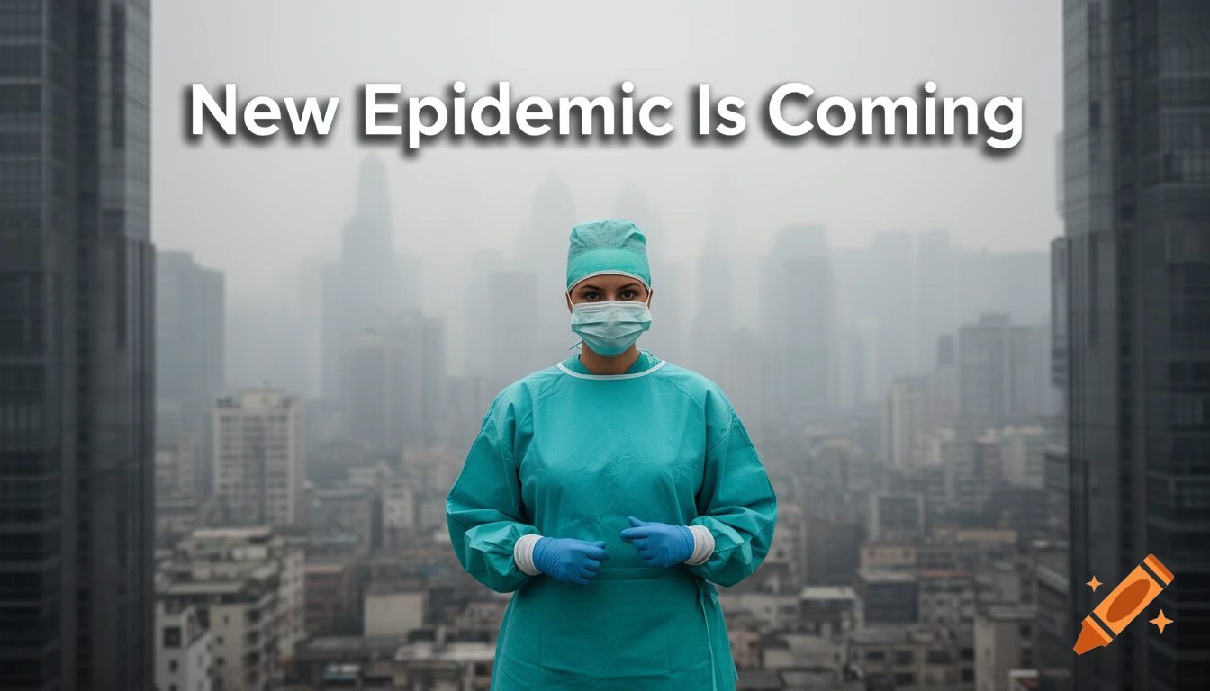 A masked surgeon in a teal gown and blue gloves stands before a foggy city skyline with the text "New Epidemic Is Coming".