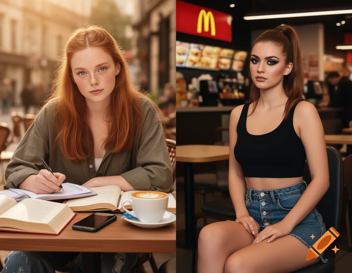 Split-screen photorealistic portrait of a young woman. On the left, she studies at a cafe. On the right, she is at a McDonald's restaurant.