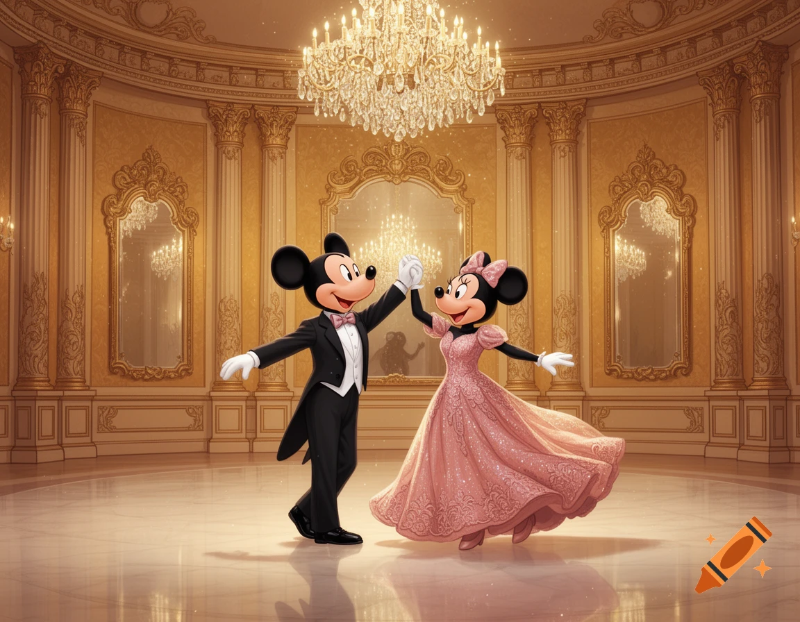 Mickey and Minnie Mouse dance in an ornate, golden ballroom under a crystal chandelier.