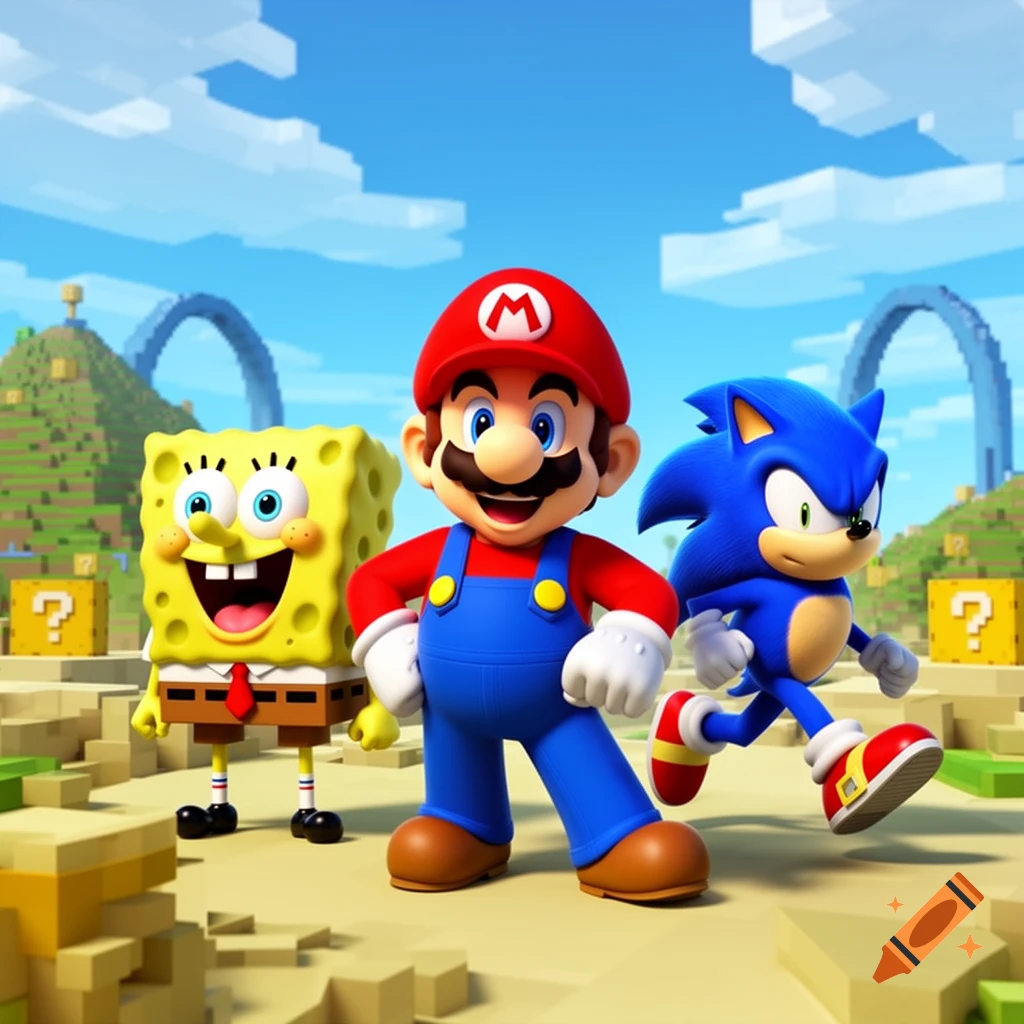 Mario, SpongeBob, and Sonic stand together in a vibrant, blocky video game world with blue skies and distant hills.