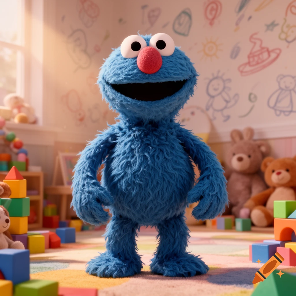 A fuzzy blue monster with large eyes and a red nose smiles, standing in a sunny playroom filled with colorful blocks and crayon drawings.