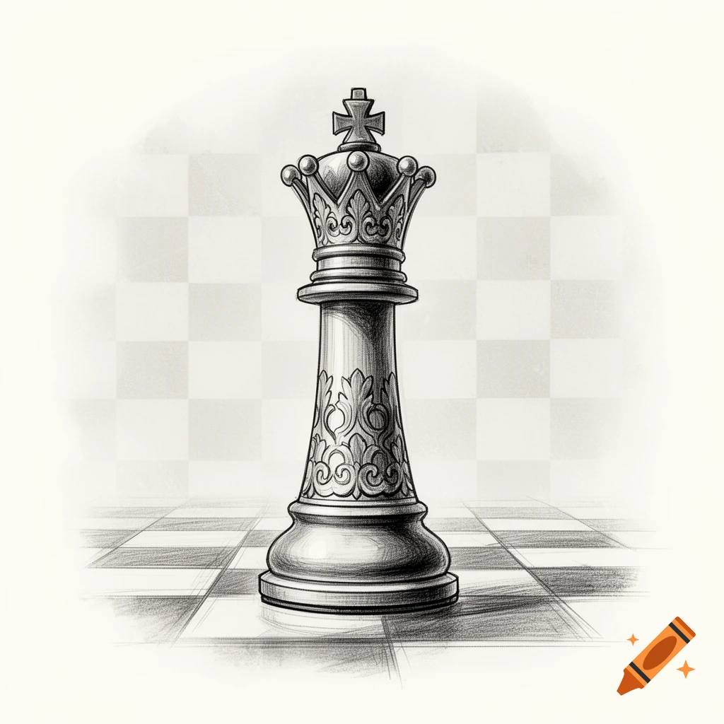 A grayscale sketch-style illustration of an ornate king chess piece standing on a chessboard.