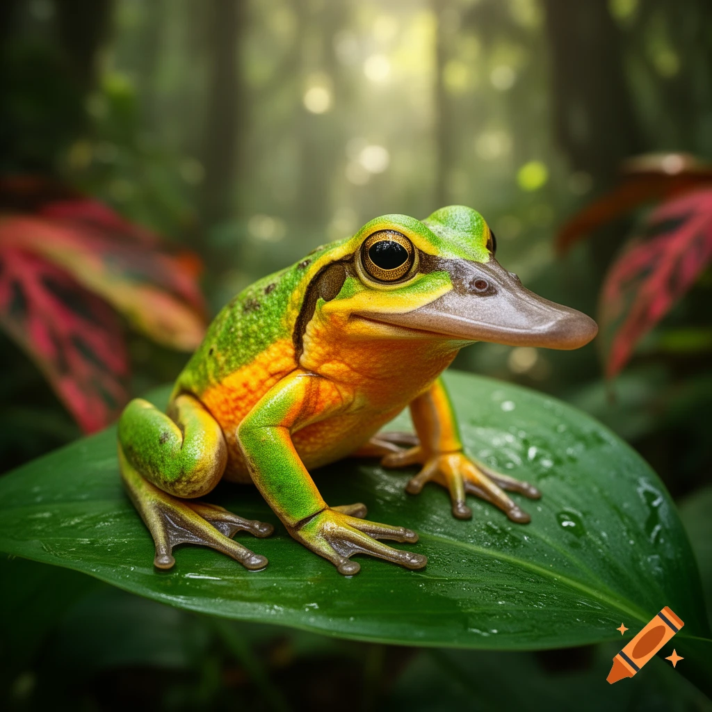 A vibrant green and orange frog with a platypus bill sits on a wet leaf in a sunlit forest, photorealistic.