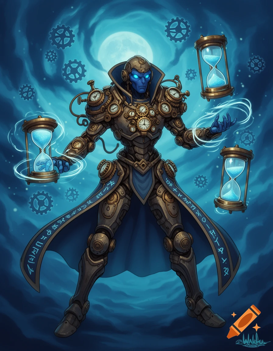A blue-skinned, armored steampunk character with clock adornments and a long blue cloak manipulates glowing hourglasses against a swirling blue sky.