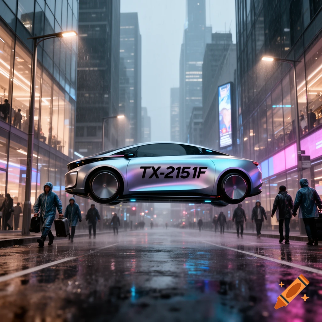 A futuristic silver car with "TX-2151F" on its side floats above a wet city street at night, with pedestrians and tall buildings.