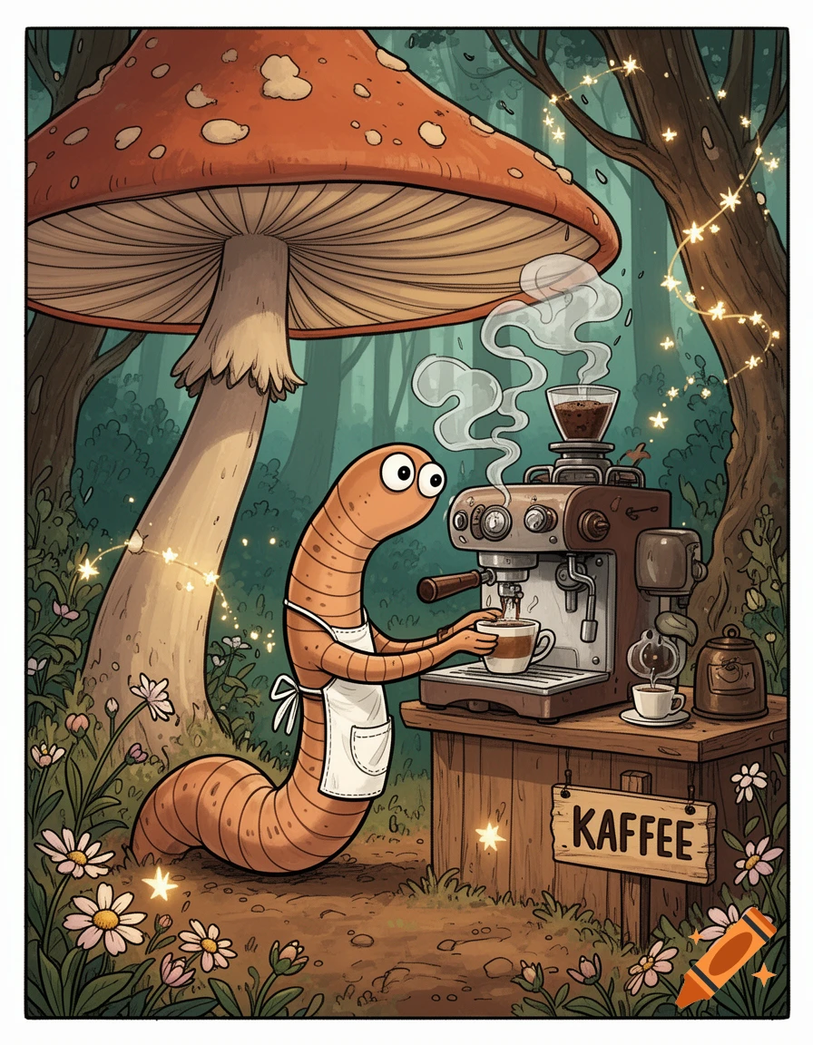 A cartoon worm in an apron makes coffee at a stand under a giant mushroom in a magical forest, comic style.