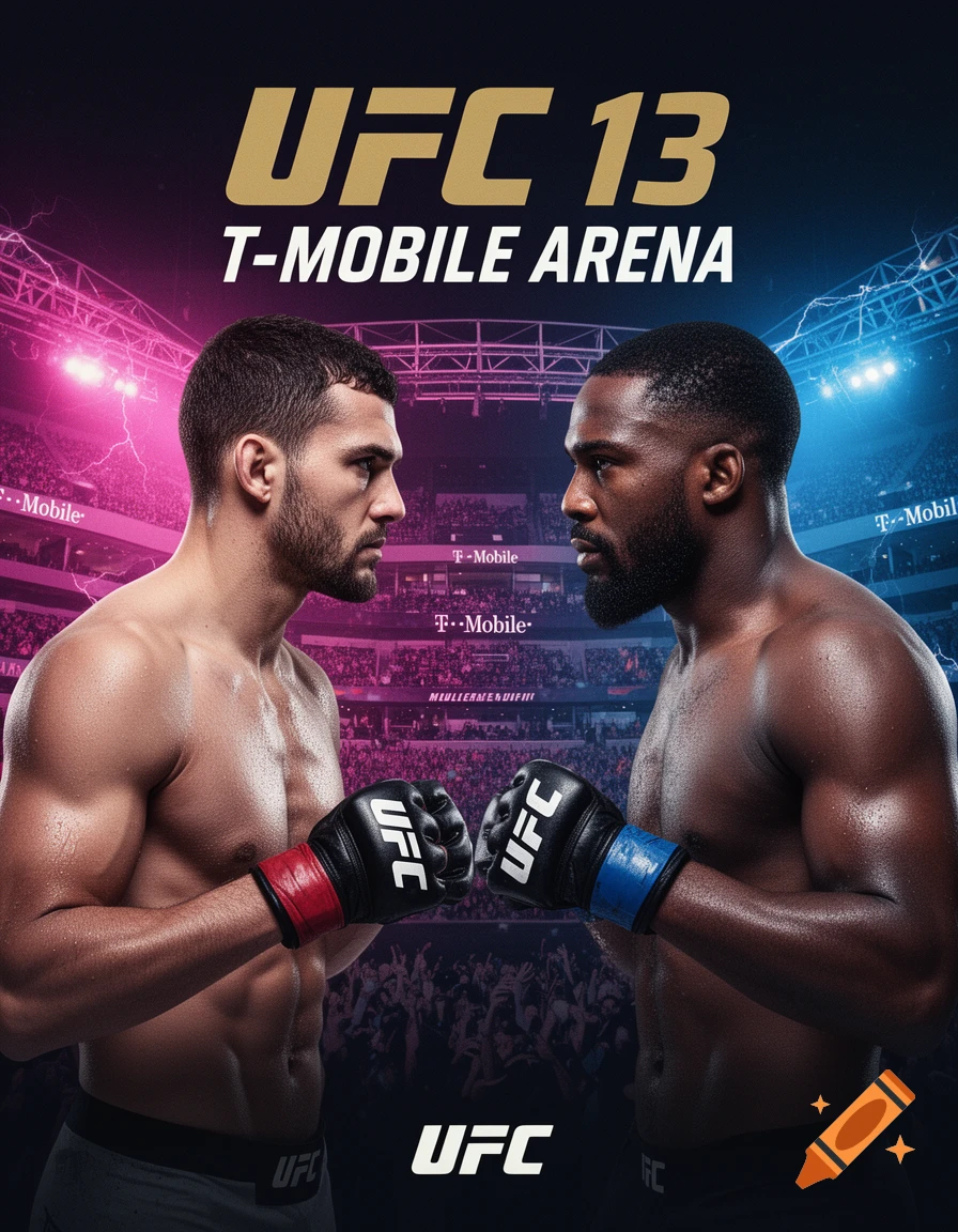 A dramatic poster of two muscular male MMA fighters, one light-skinned and one dark-skinned, facing each other in a dimly lit arena, with "UFC 13 T-MOBILE ARENA" text above.