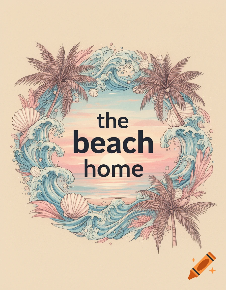 Stylized illustration of 'the beach home' text encircled by pastel waves, palm trees, and seashells.