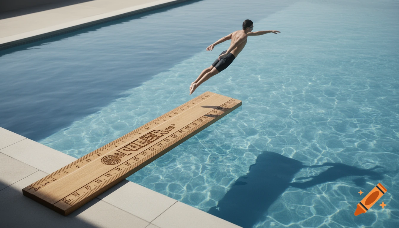 A man dives off a giant wooden ruler into a swimming pool in a surreal, minimalistic photograph.