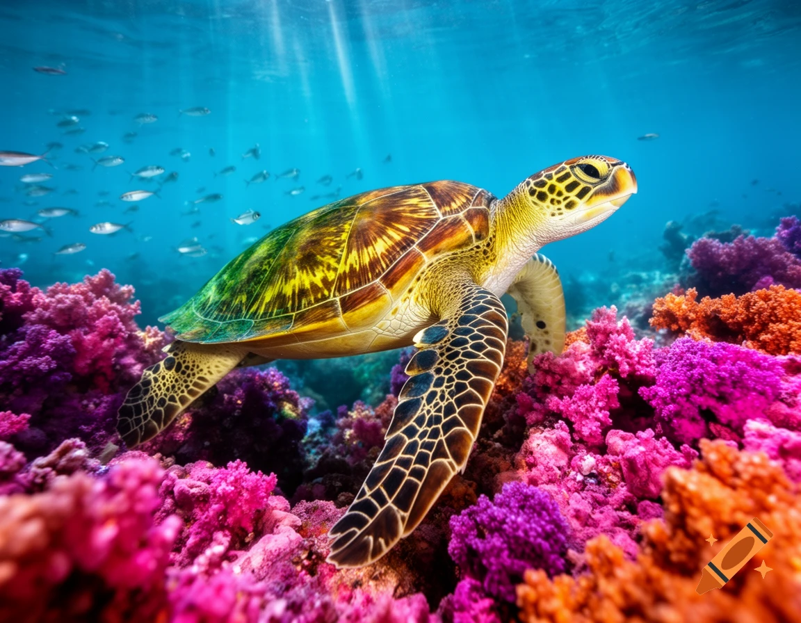 A colorful sea turtle swims among vibrant pink and orange coral and small fish in clear blue water with sunbeams filtering down.