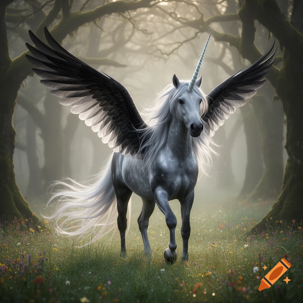 A majestic grey alicorn with large black wings and a long white mane stands in a misty, enchanted forest with wildflowers.