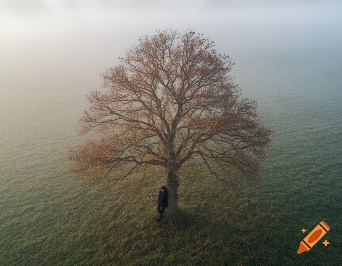 A lone person leans against the trunk of a large, bare tree in a vast, misty field under a soft sky.