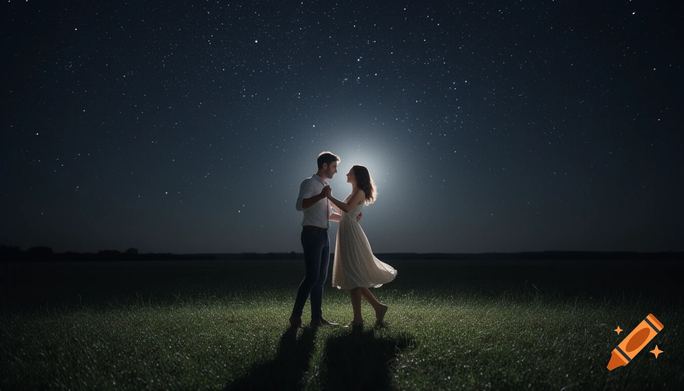 A man and a woman dance under a vast starry night sky in a field, bathed in soft moonlight.