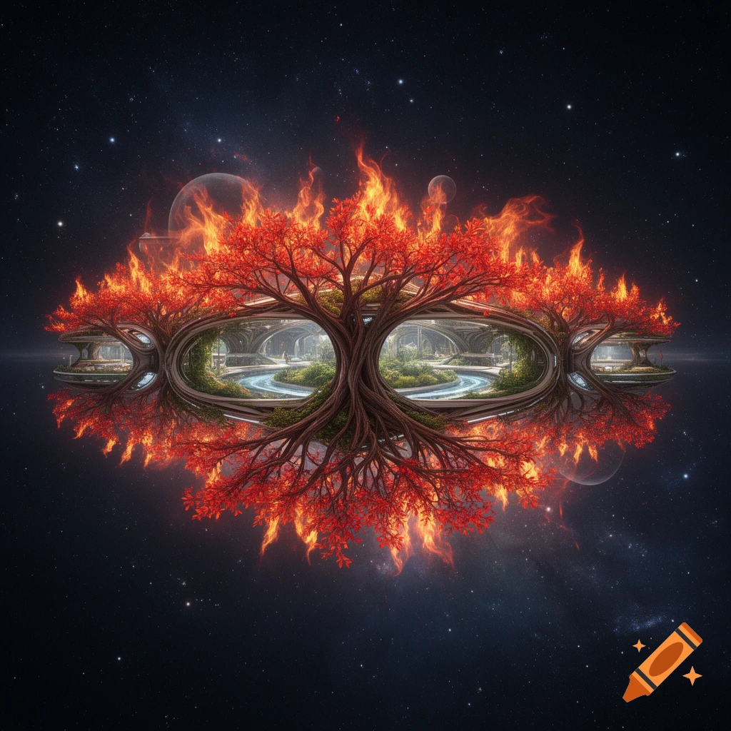 A detailed plant-based space station with fiery red leaves, shaped like an eye, reflects in a starry space environment with planets.