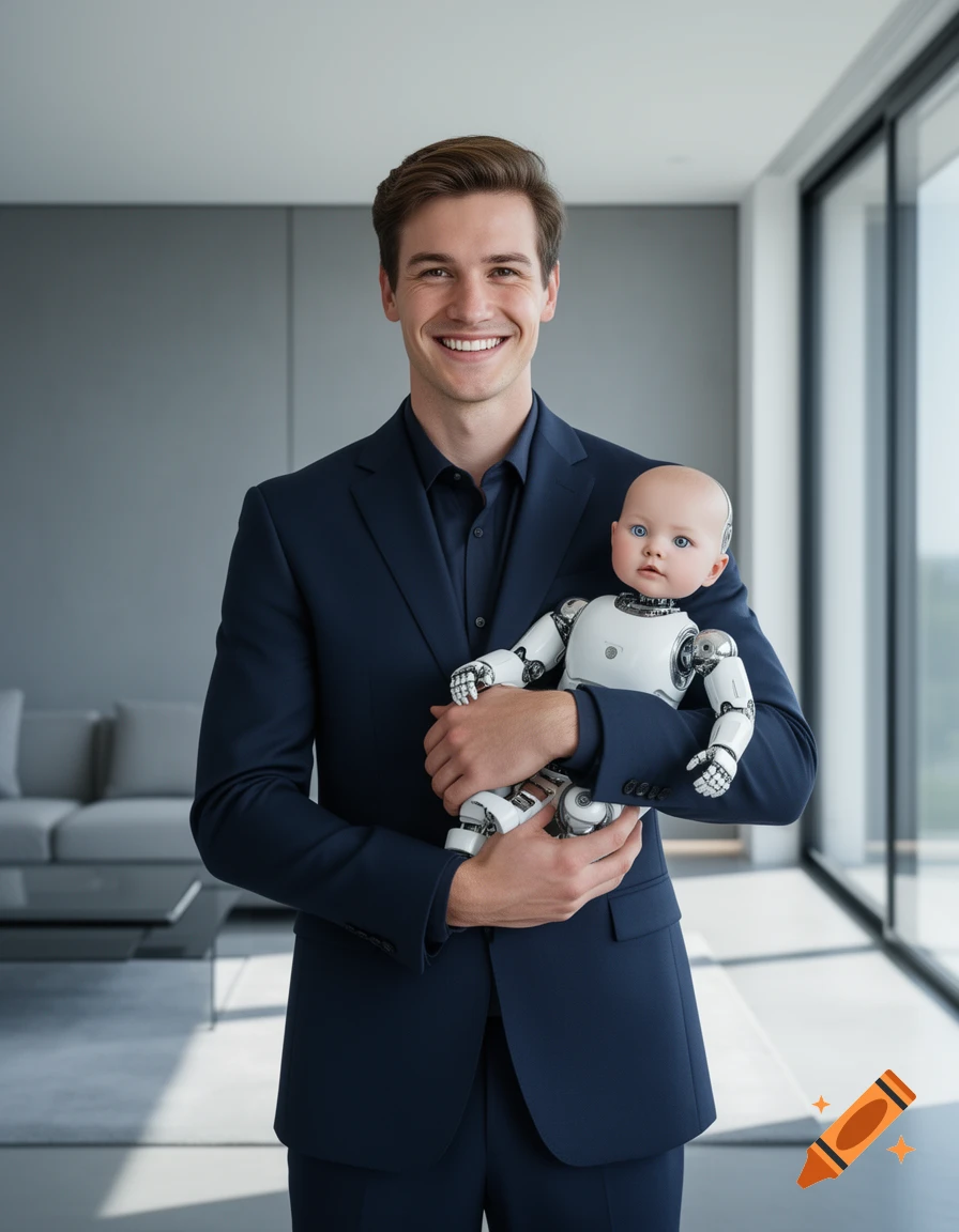 A smiling man in a suit holds a realistic white humanoid robot baby in his arms in a modern room.