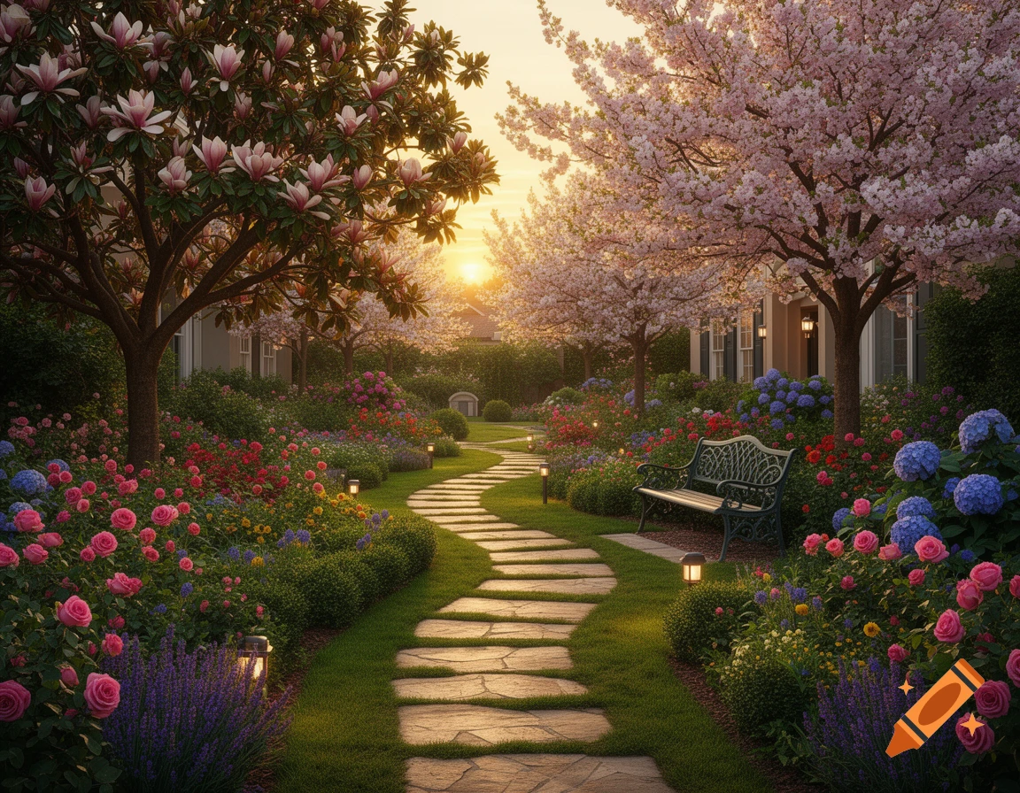 A winding stone path through a vibrant garden filled with colorful flowers and blooming trees under a warm sunset, with a park bench.