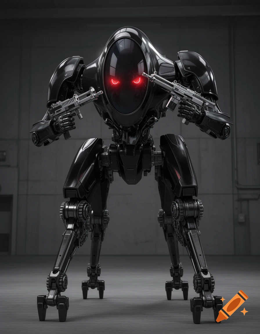 A sleek, dark armored robot with four legs and glowing red eyes holds two silver automatic rifles in a dimly lit industrial setting.
