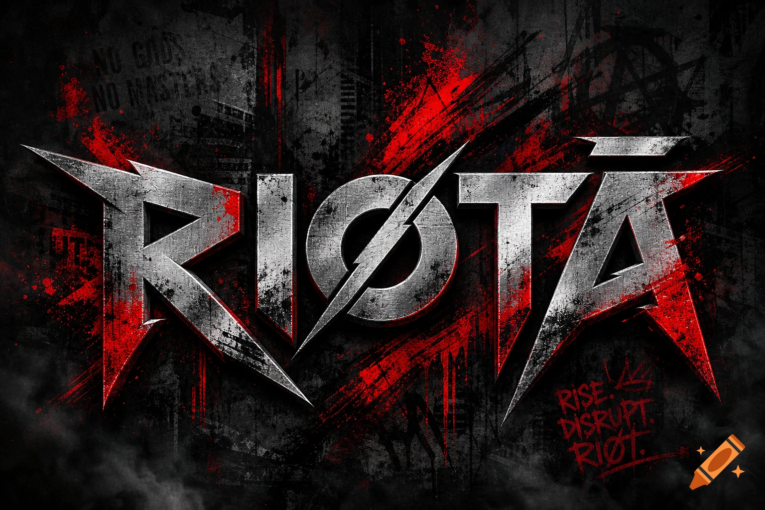 Distressed metallic 'RIØTĀ' band logo with red splatters and grunge textures on a dark background.