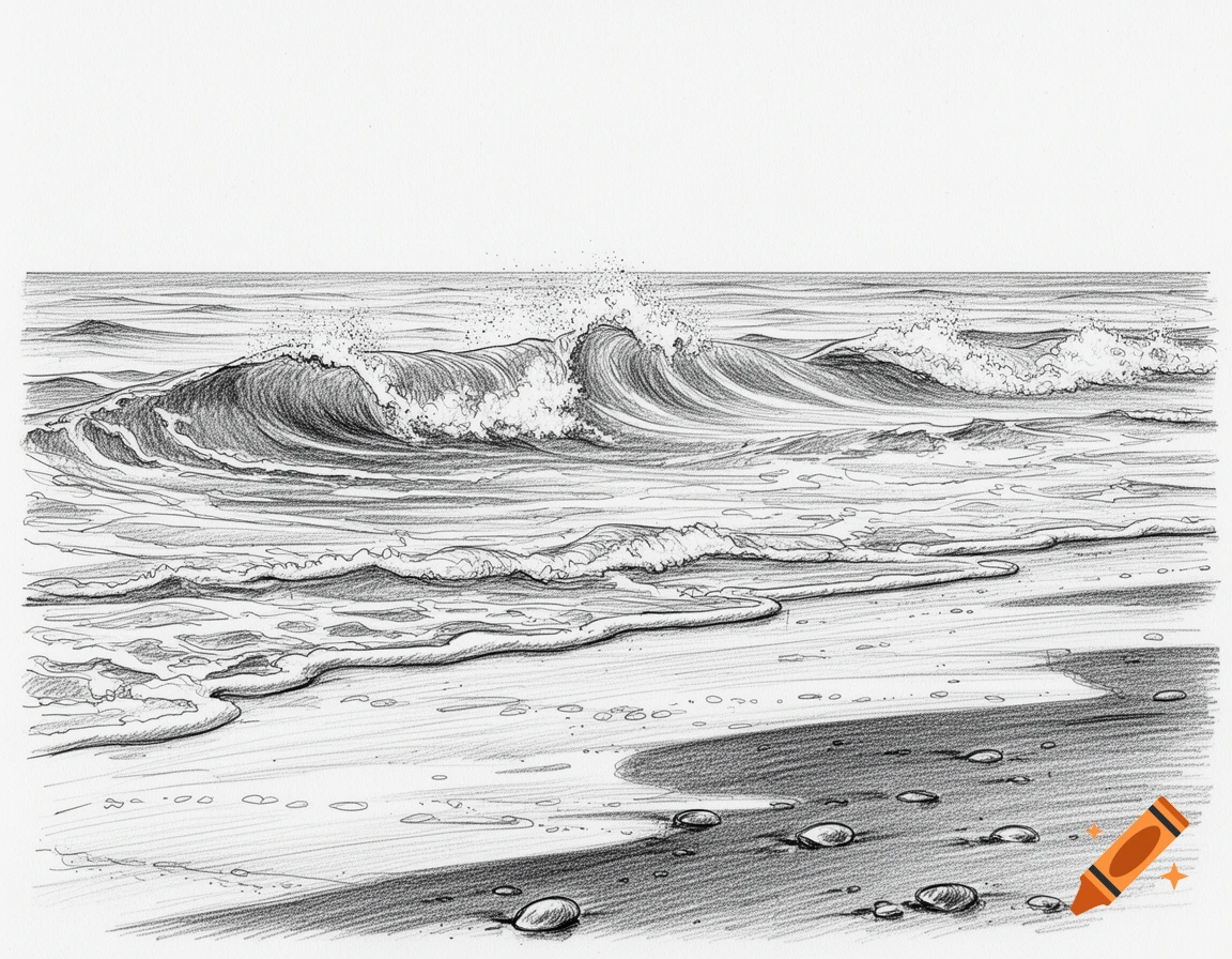 A black and white pencil sketch of waves breaking on a sandy beach with pebbles.